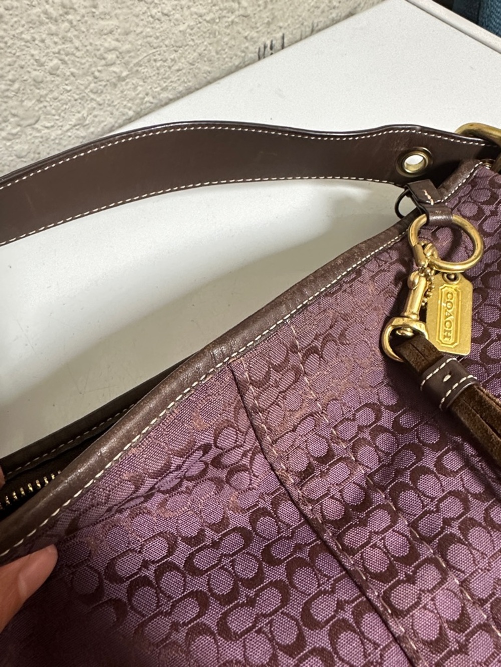 Coach Purple Signature Jacquard & Brown Suede Hobo with Tassel - Picture 3 of 13